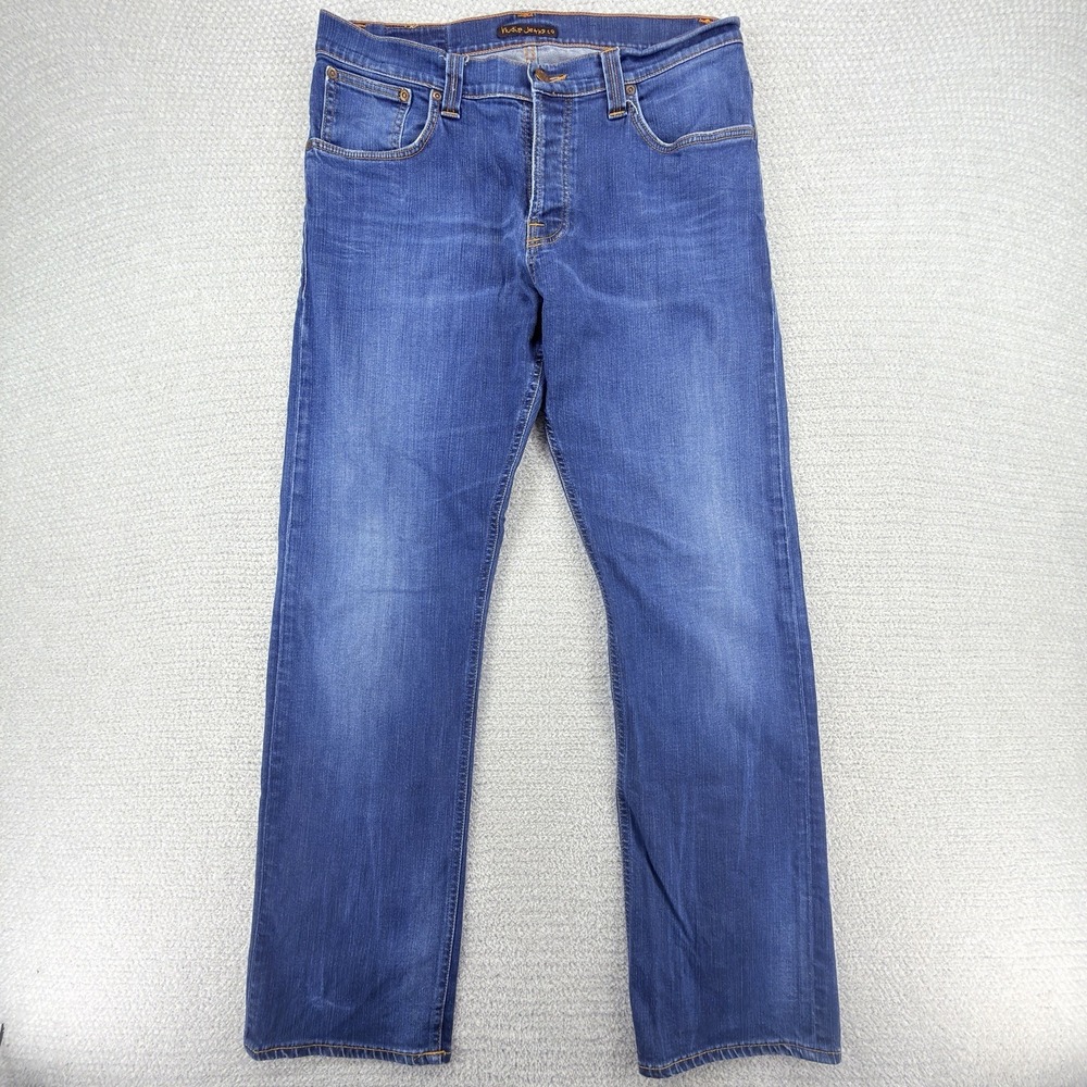 Nudie Jeans Average Joe Mens W36 L34 Blue Straight Leg Denim Jeans
